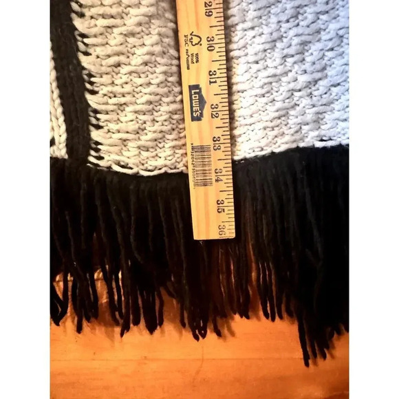 Boho Fringe Kimono Duster Cardigan Aztec Print Black White Knit Sweater - Picture 10 of 11